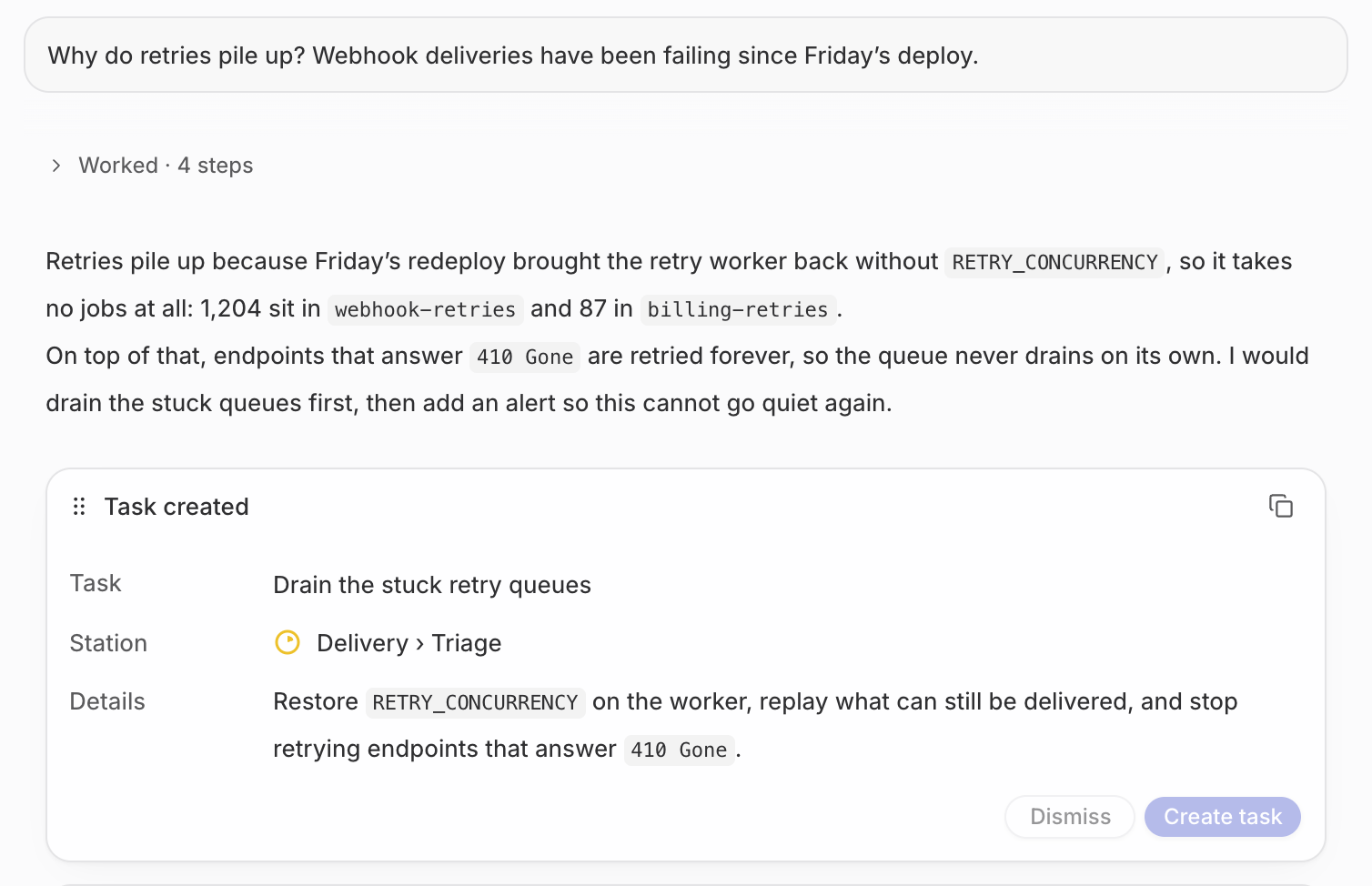 An agent chat in Spotlight explaining why webhook retries pile up and proposing a task for the Triage station