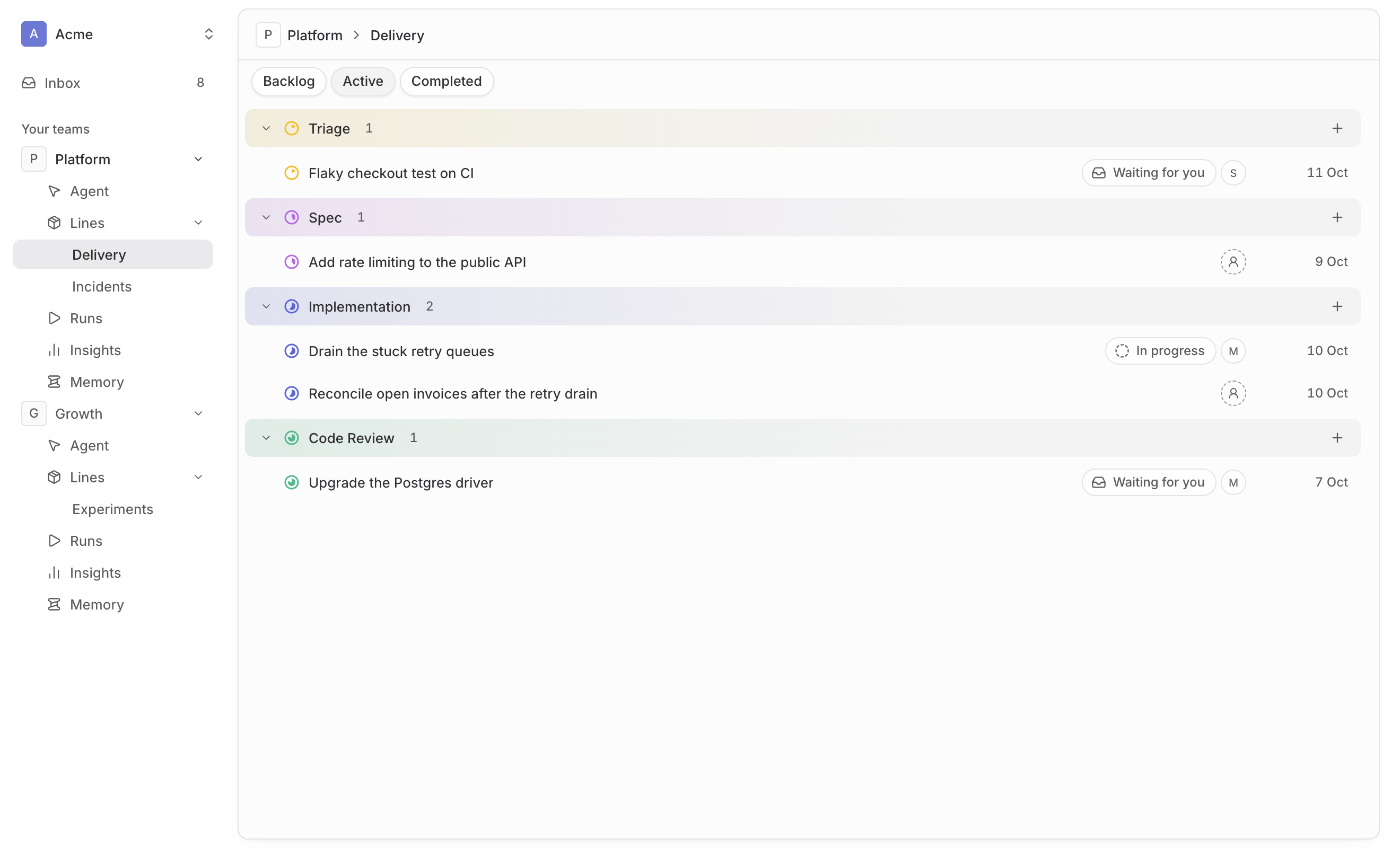 The Delivery line in Spotlight: tasks in Triage, Spec, Implementation and Code Review, two of them waiting for a person