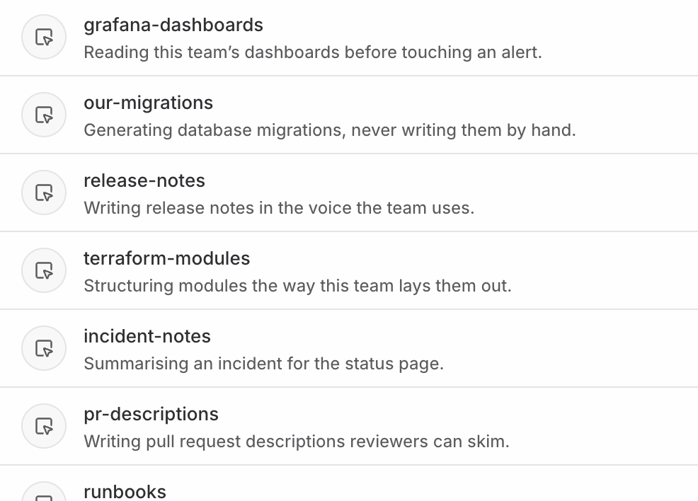 Skills in Spotlight: grafana-dashboards, our-migrations and release-notes, each with what it teaches